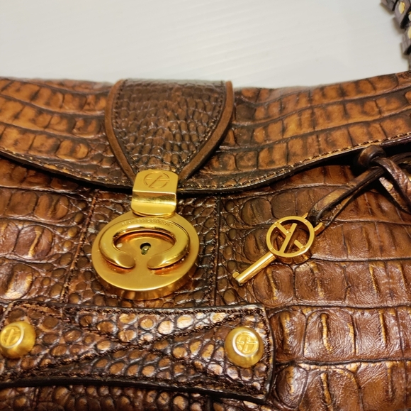 Gorgeous croc embossed leather suede shoulder bag brown - Picture 7 of 16